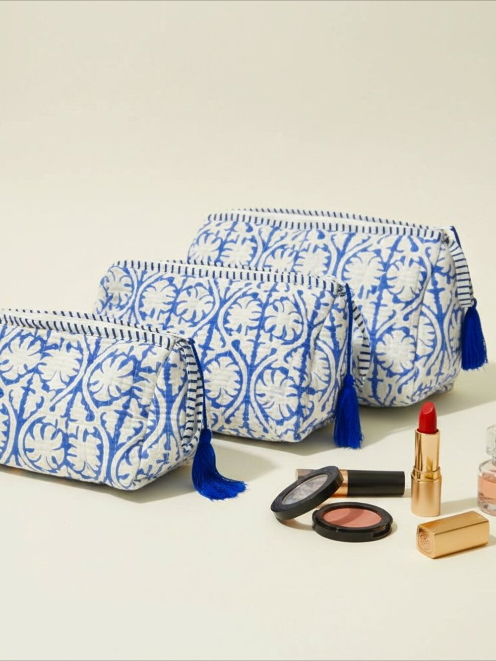 Set Of 3 Block Print Toiletry Bags, Cotton Makeup Bag, Cosmetic Bag Set Gift